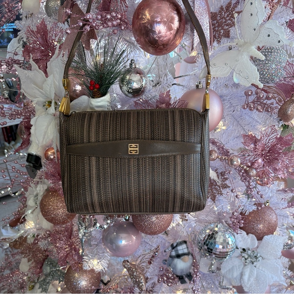 Givenchy vintage Brown Striped Shoulder Bag with Leather Trim.
